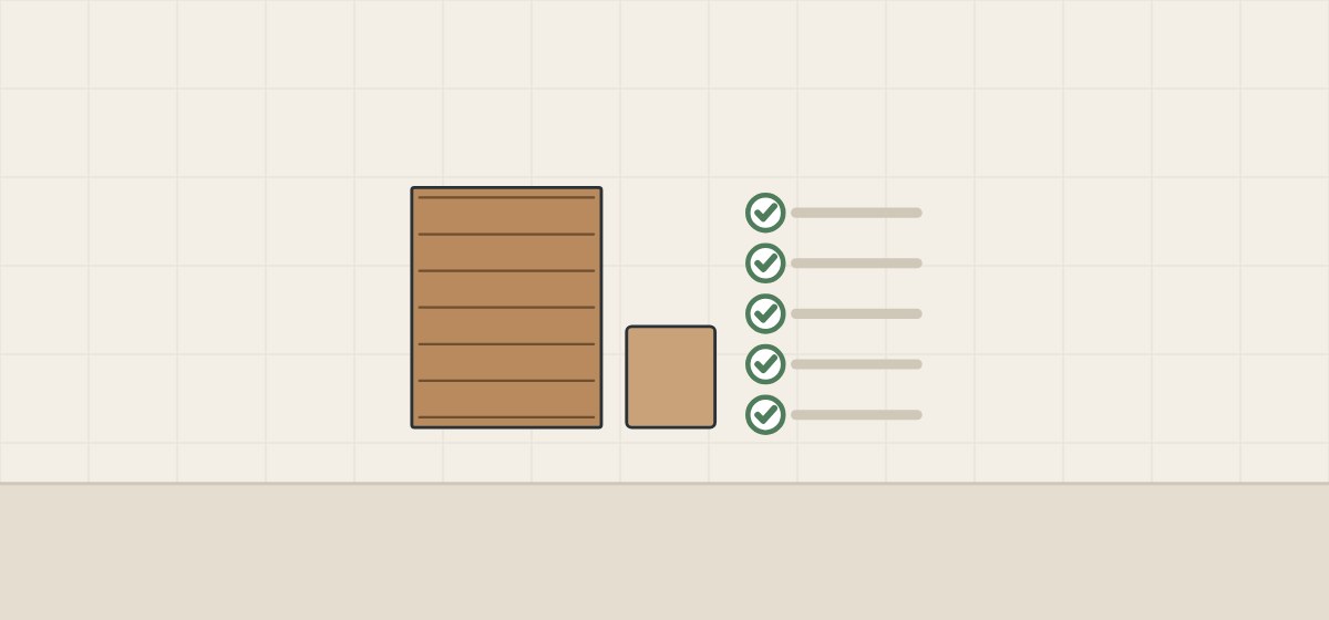 Illustration of a veneer sheet, a finished sample and a ticked checklist