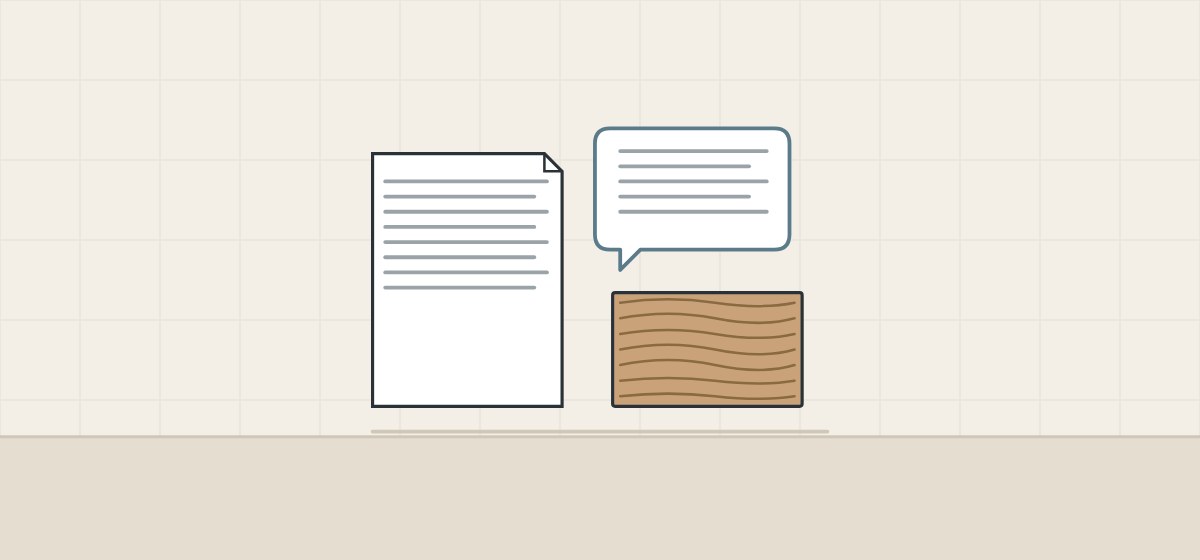 Illustration of a document, a message bubble and a veneer sheet