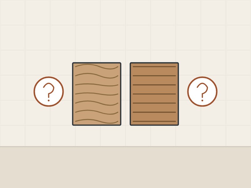 Illustration of natural and reconstituted veneer sheets between two question marks