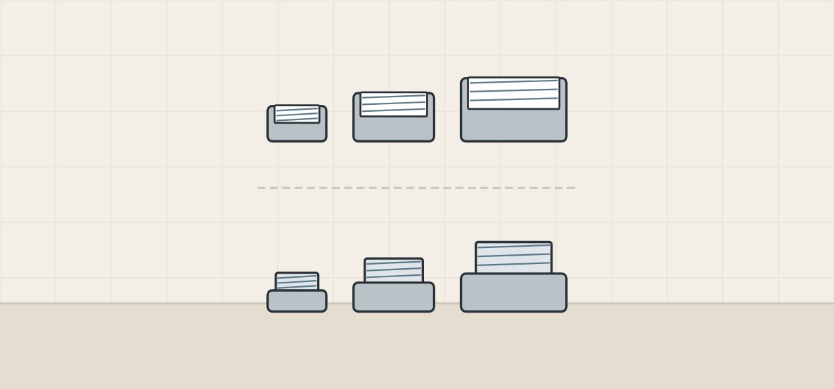 Illustration of three housings with the thread inside above three housings with the thread on an outside neck