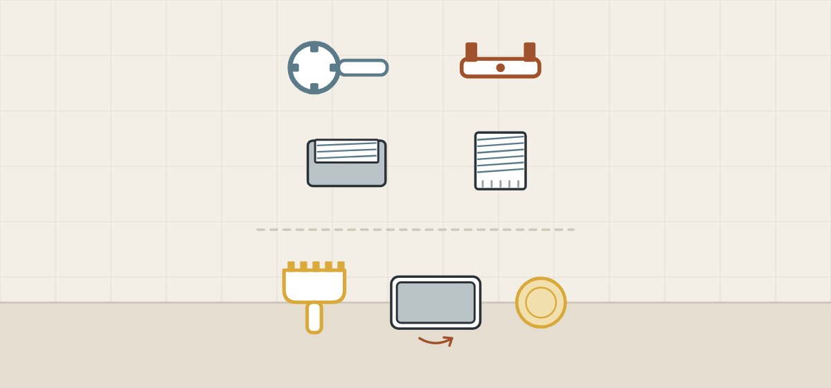 Illustration of a ring key above a housing and a two-prong key above a threaded insert, with a pronged key, a sleeved housing and a coin below