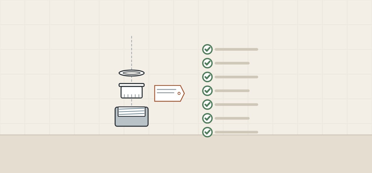 Illustration of a washer, insert and housing with a part tag beside a checklist of seven ticked lines