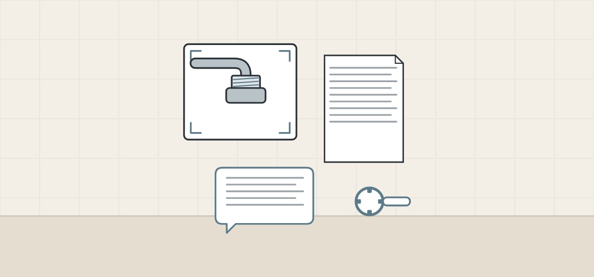 Illustration of a framed photo of a spout tip, a document, a message bubble and a service key
