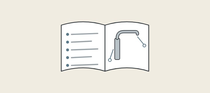 Illustration: an open book with a list of terms on one page and a faucet with two pointer lines on the other