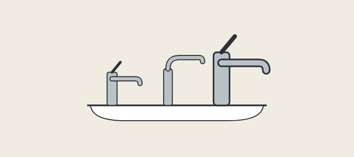 Illustration: three basin faucets of different shapes and heights standing on one basin edge