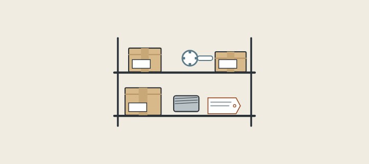 Illustration: two storage shelves holding cartons, a spare outlet part, a tag and a service key