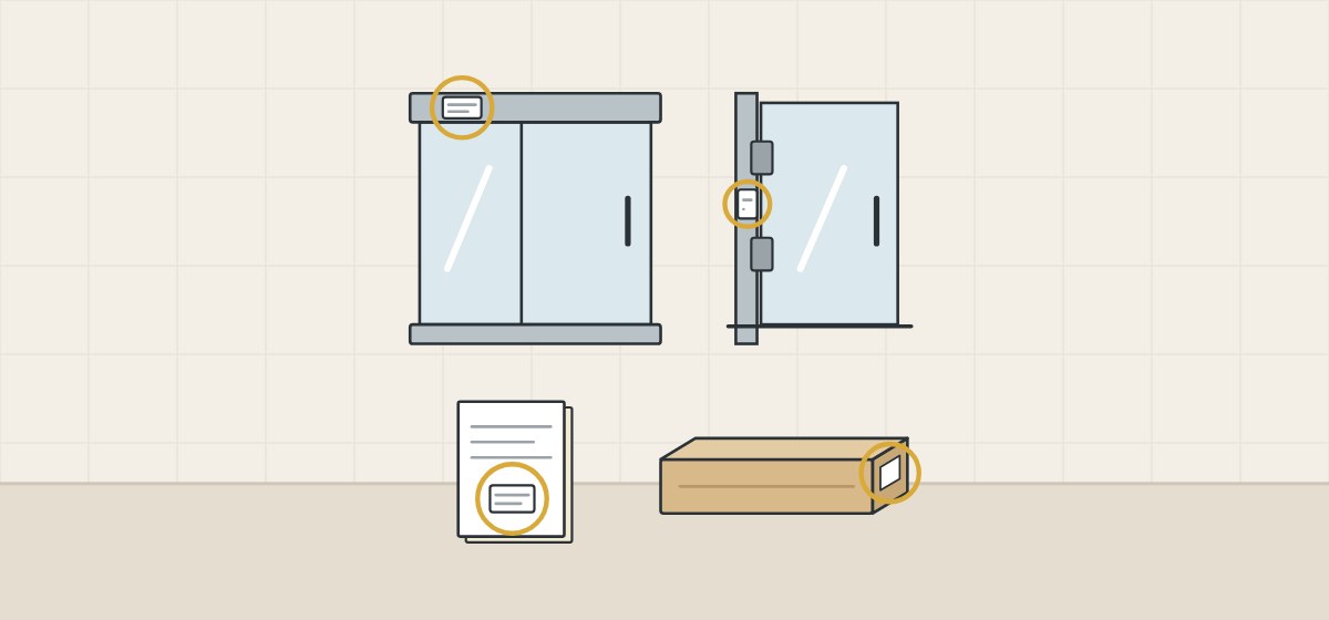 Illustration of a sliding door, a pivot door, a pamphlet and a carton, each with a ringed identification label