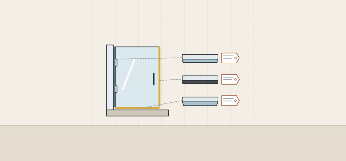 Illustration of a hinged glass door with three marked edges, each linked to its own tagged seal strip