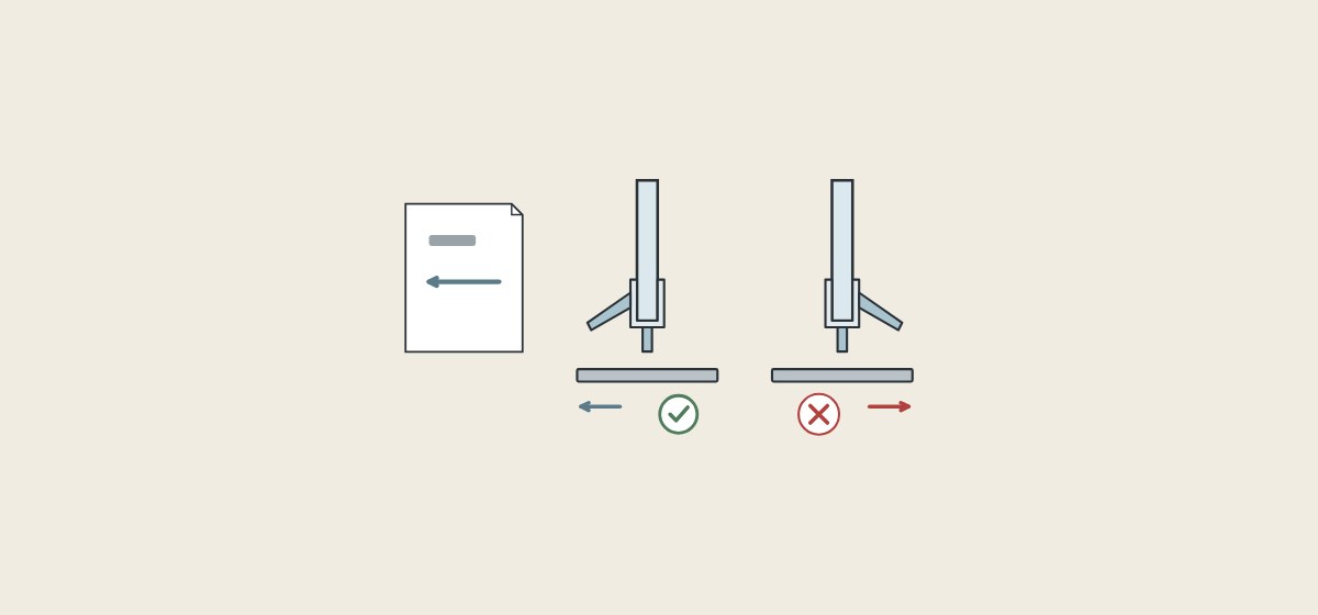 Illustration of an instruction sheet with a direction arrow and two door bottoms in section, one with the seal lip following the arrow and ticked, one reversed and crossed