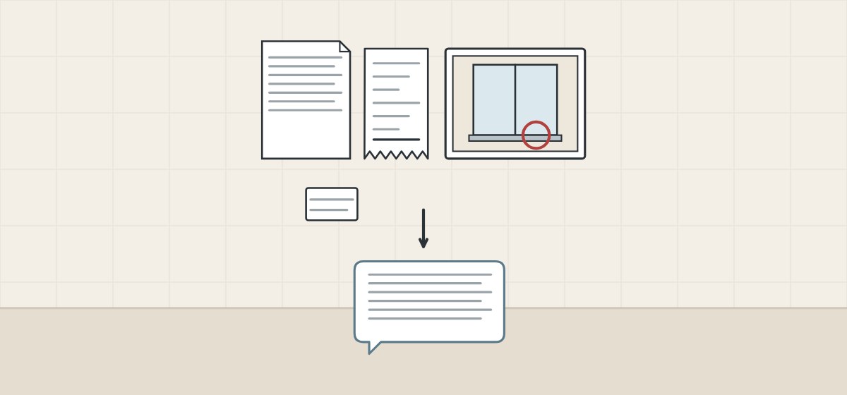 Illustration of a purchase document, a receipt, a marked photo and a model label with an arrow to a message bubble