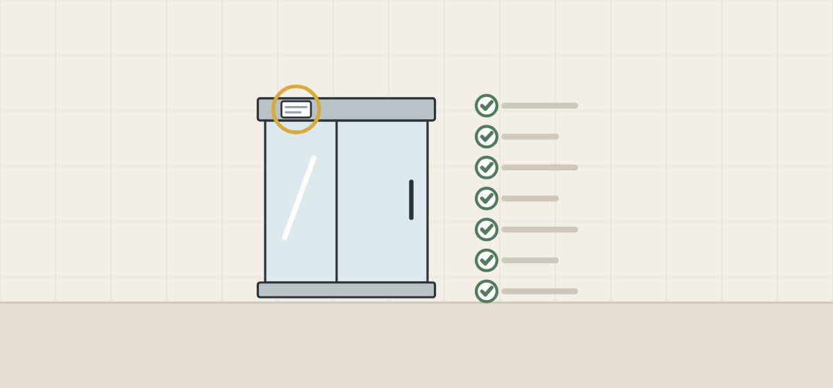 Illustration of a sliding door with a ringed label beside a checklist of seven ticked lines