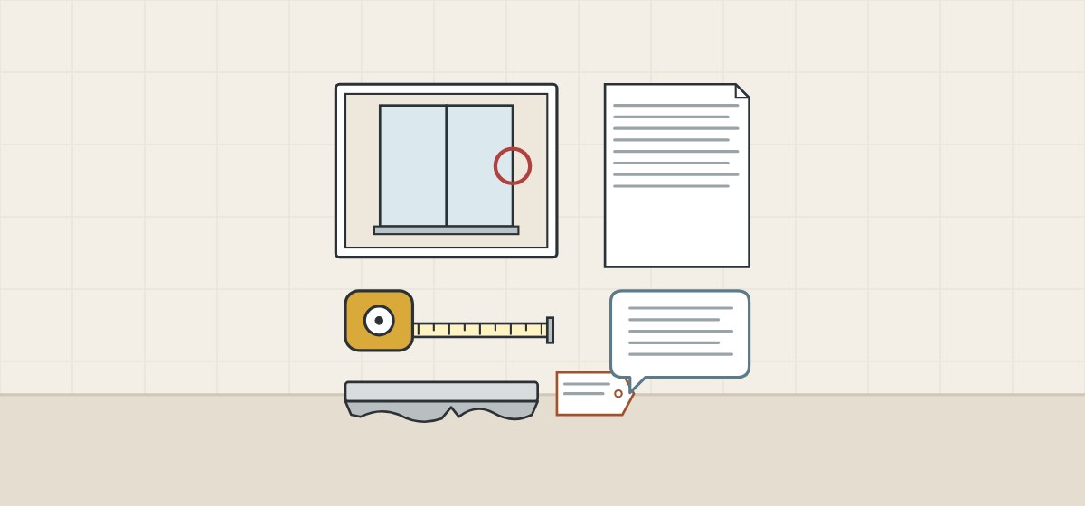 Illustration of a marked photo, a tape measure, a worn seal strip with a tag, a document and a message bubble