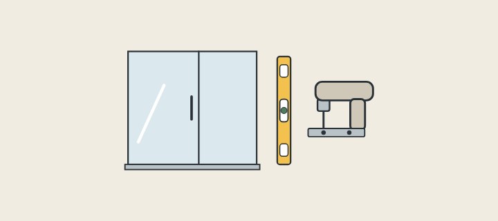 Illustration: a glass enclosure beside a spirit level, a drill and a fixing bracket