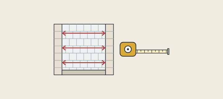 Illustration: a tiled shower opening with three width lines and a tape measure