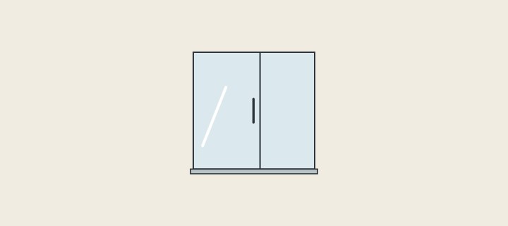 Illustration: a glass shower enclosure with a fixed panel and a door