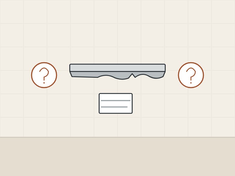 Illustration of a worn seal strip and a blank identification label between two question marks