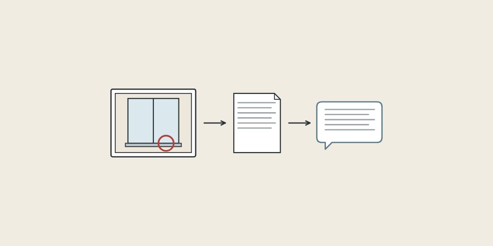 Illustration of a marked enclosure photo, a document and a message bubble linked by arrows