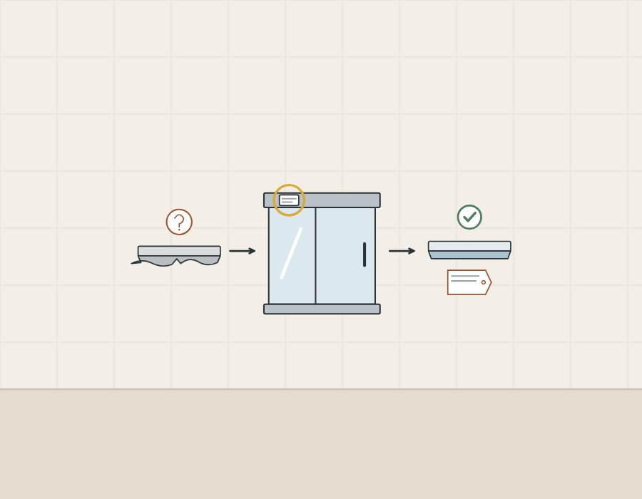 Illustration of a worn seal strip, a sliding door with a label on its top track and a new seal strip with a tag