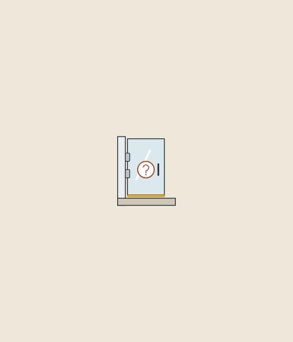 Illustration of a hinged glass door with its bottom seal highlighted and a question mark on the glass