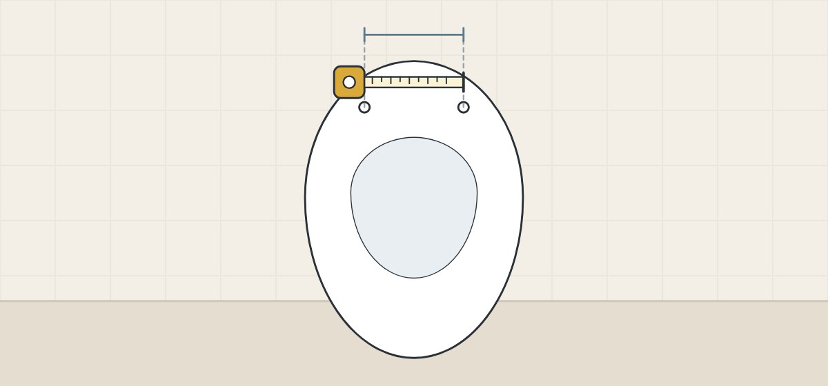Illustration of a toilet bowl from above with a measurement line between its two fixing holes and a tape measure across them