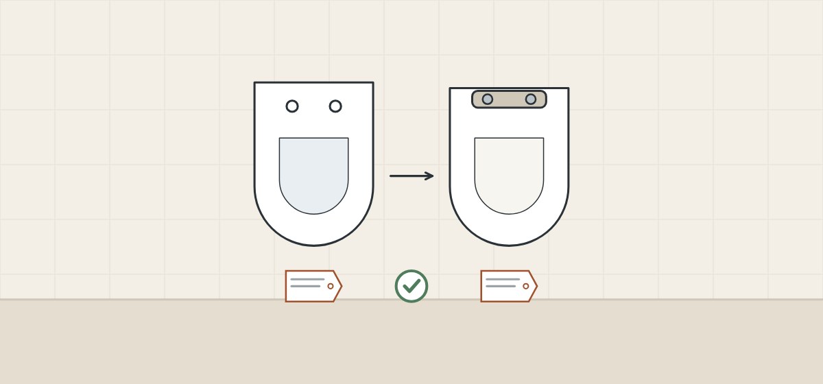 Illustration of a D-shaped bowl and a D-shaped seat, each with a matching tag, joined by an arrow and a tick