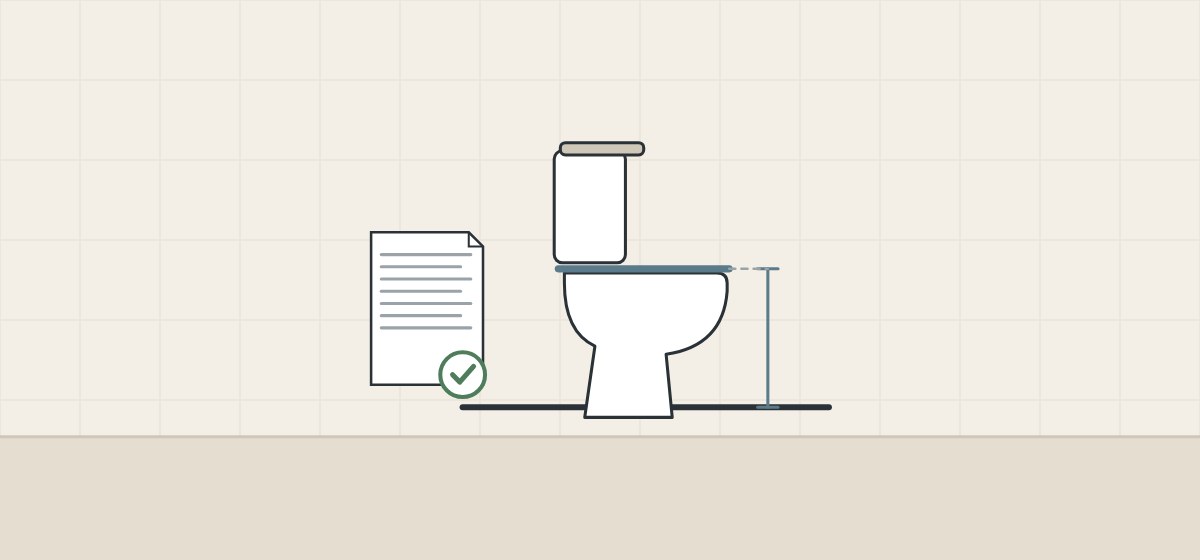 Illustration of a toilet in side view with a line from the floor to the top of the seat, beside a document
