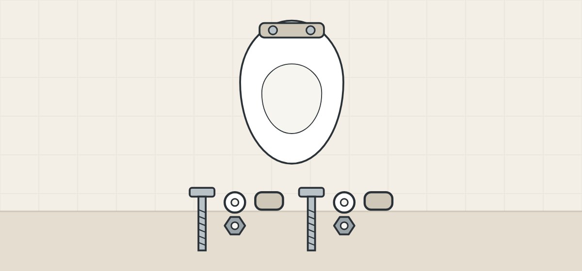 Illustration of a toilet seat above two bolts, two washers, two nuts and two hinge covers
