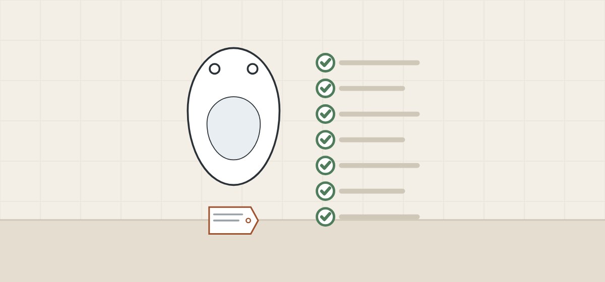 Illustration of a toilet bowl with a tag beside a checklist of seven ticked lines