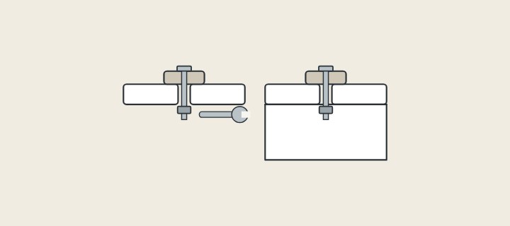 Illustration: a seat fixing in section on an open pan rim with a wrench below, and the same fixing on a pan with an enclosed underside