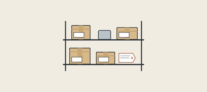 Illustration: two storage shelves holding cartons, a spare part and a tag