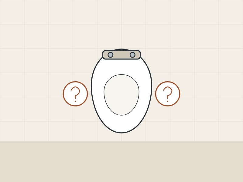 Illustration of a toilet seat from above between two question marks