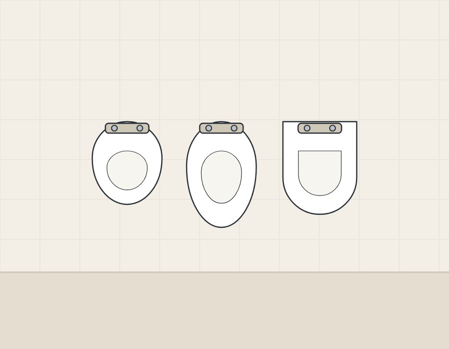 Illustration of three toilet seats from above: a short oval, a longer oval and a D shape