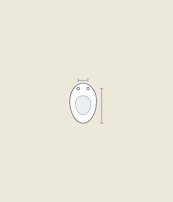 Illustration of a toilet bowl from above with a line across its two fixing holes and a line from the holes to the front rim