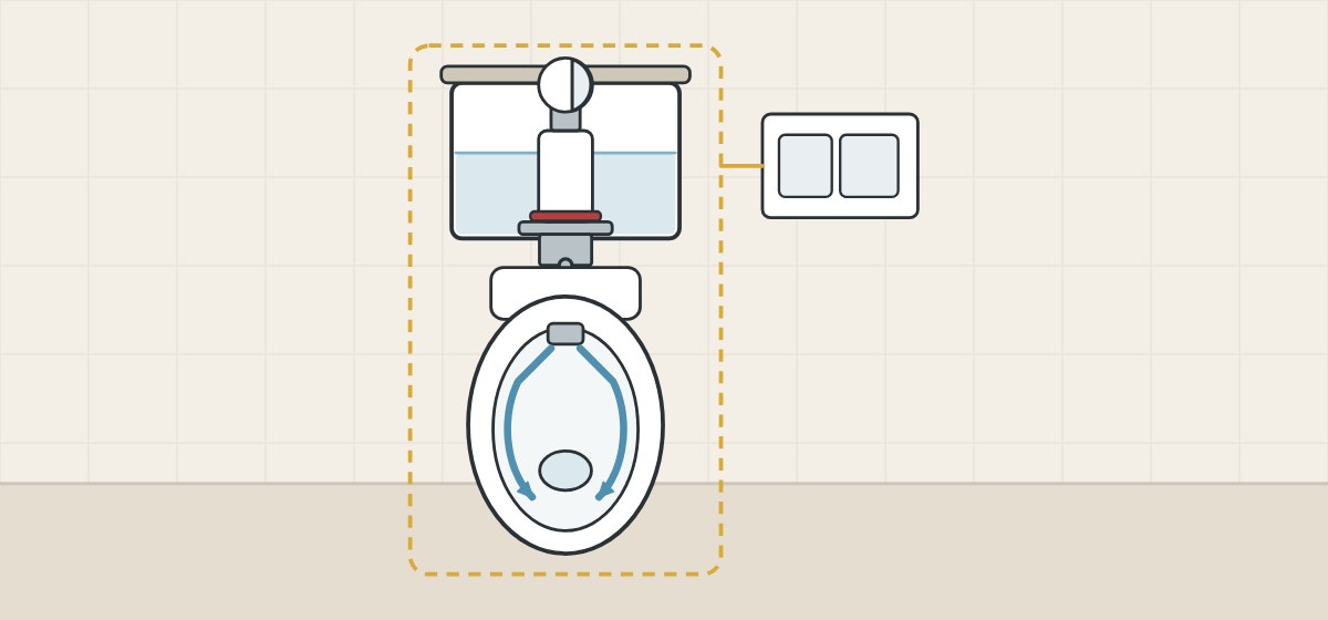Illustration of a cistern with a flush valve above a bowl, enclosed by one dashed outline, with a flush plate beside the cistern