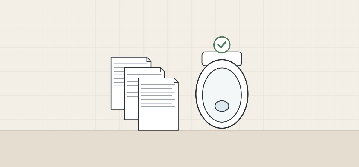 Illustration of three stacked standard documents beside a bowl seen from above with a tick