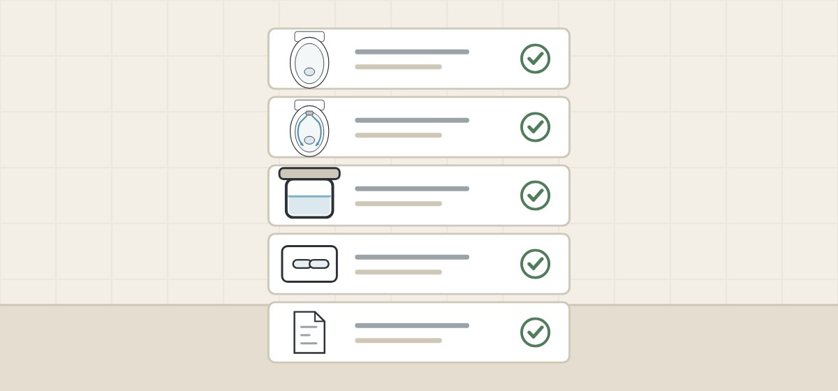 Illustration of a five-row checklist showing a bowl, its water path, a cistern, a flush plate and a document, each ticked