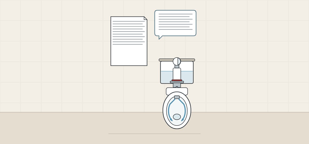 Illustration of a document, a message bubble and a cistern above a bowl