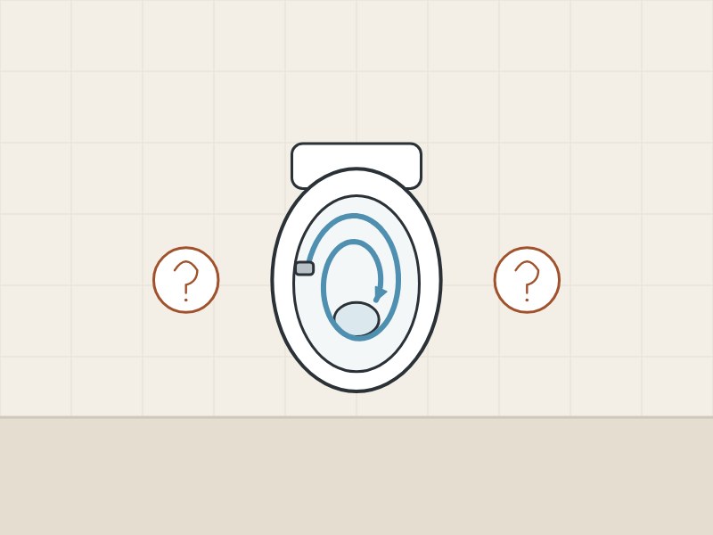 Illustration of a bowl seen from above with a spiral of water between two question marks