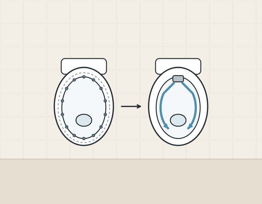 Illustration of a bowl with a rim channel and rinse holes beside an open bowl with a stream along each side