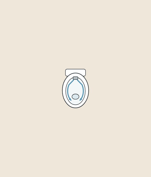 Illustration of a toilet bowl seen from above with an inlet at the back and a stream of water along each side