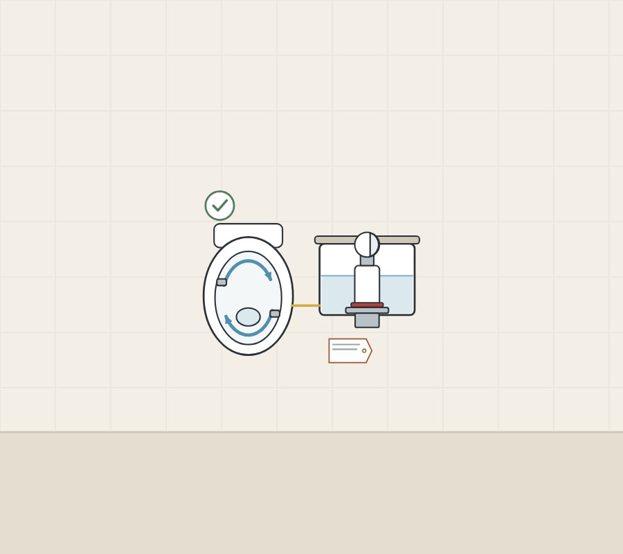Illustration of a bowl seen from above linked to a cistern with its flush valve, with a tag and a tick