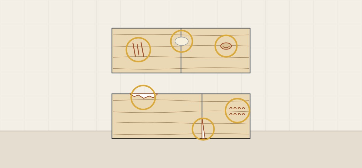 Illustration of two bare boards with ringed faults: scratches, a glue spot, a dent, tear-out, an open joint and raised grain
