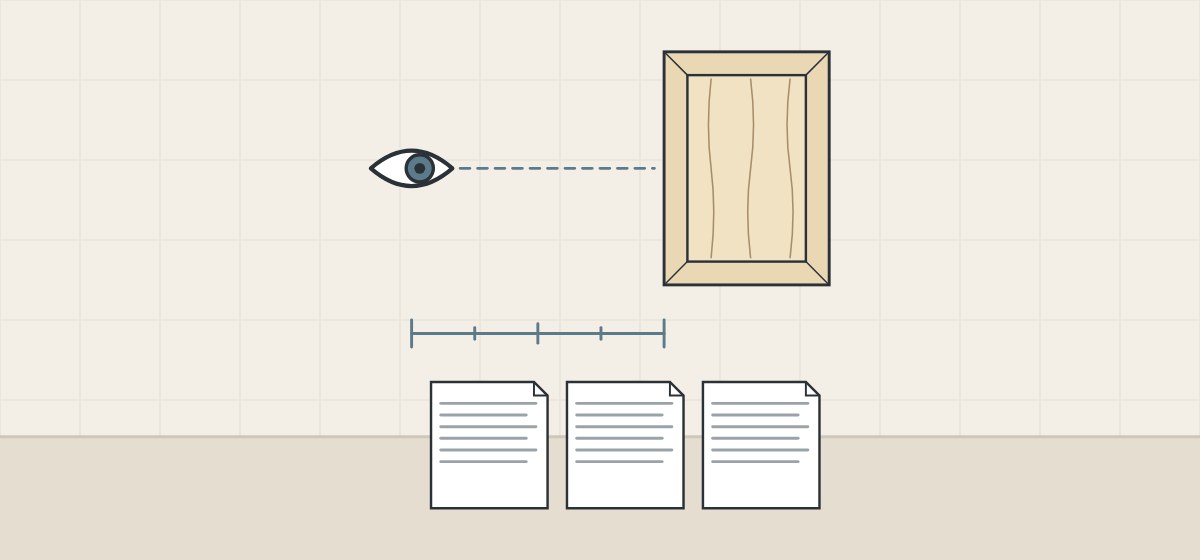 Illustration of an eye looking at a bare cabinet door across a marked distance, above three standard documents