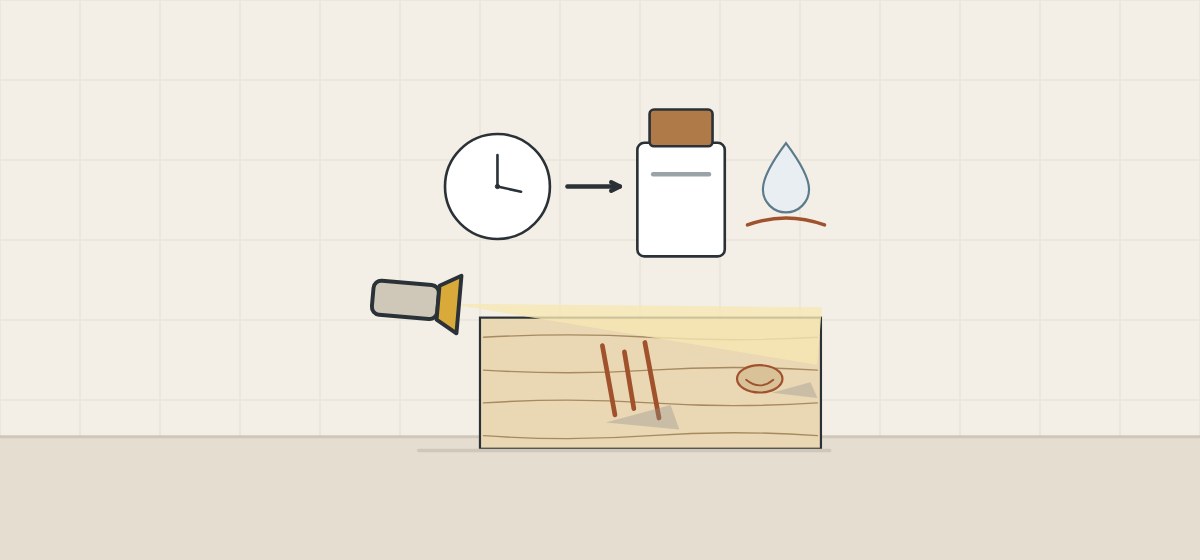 Illustration of a hand lamp shining low along a bare board so that scratches and a dent cast shadows, with a clock, a can of stain and a water drop