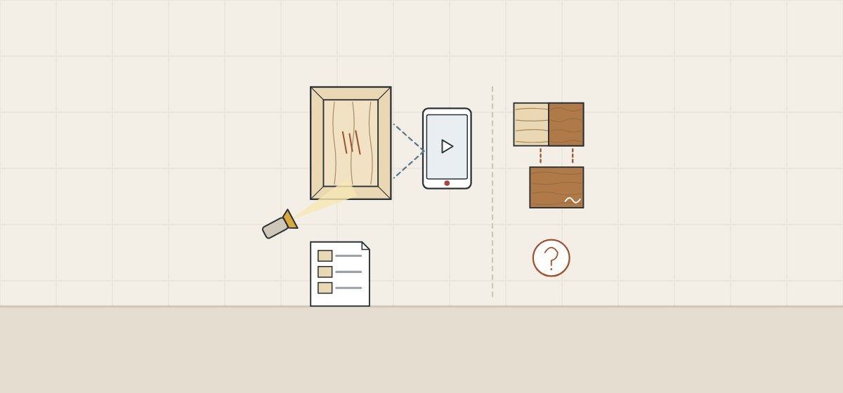 Illustration of a phone recording a bare door under a low lamp, a fault list, and a half-stained offcut beside a finish sample