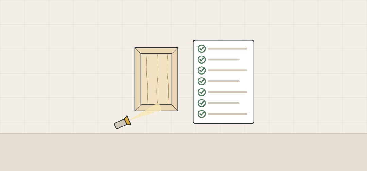Illustration of a bare cabinet door lit by a low lamp beside a checklist of seven lines with check marks
