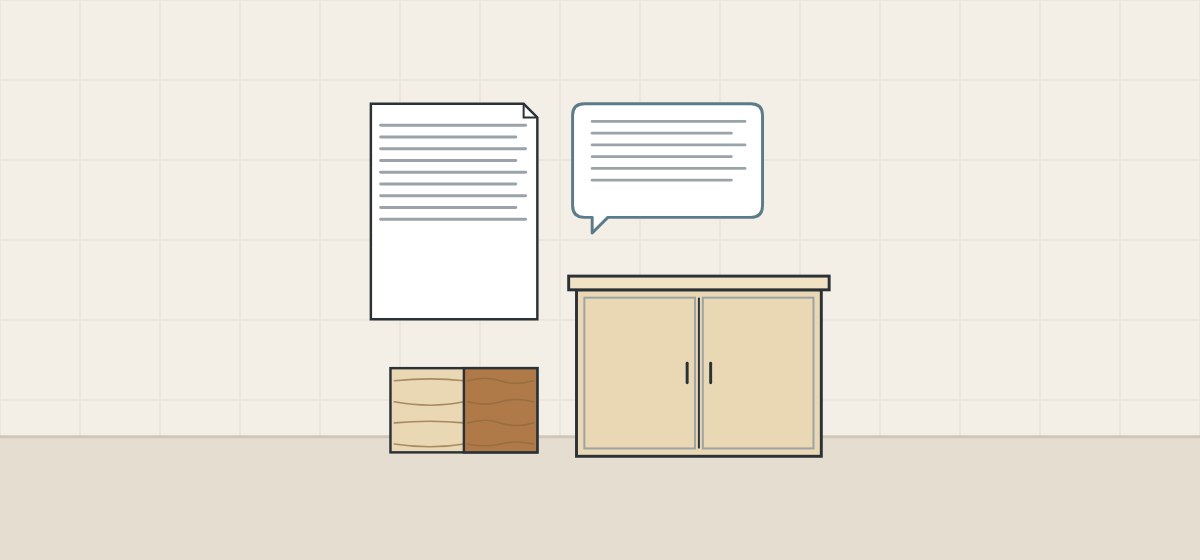 Illustration of a document, a message bubble, an unfinished vanity cabinet and a half-stained offcut