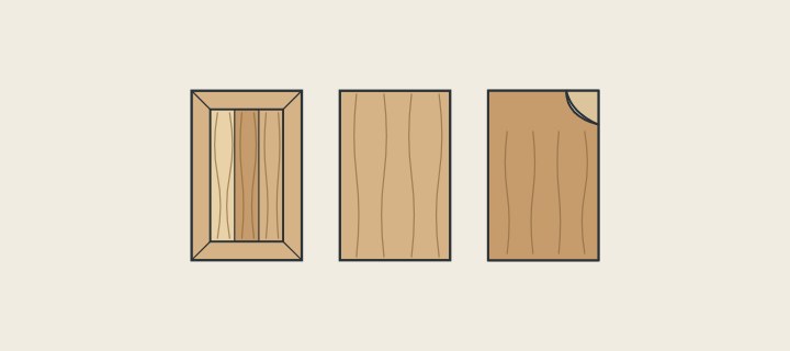 Illustration: three cabinet doors side by side: a framed panel, a plain slab and a veneered door with a lifted corner