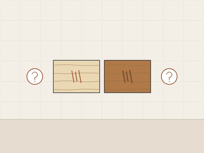 Illustration of a bare board and a stained board with the same scratches, between two question marks