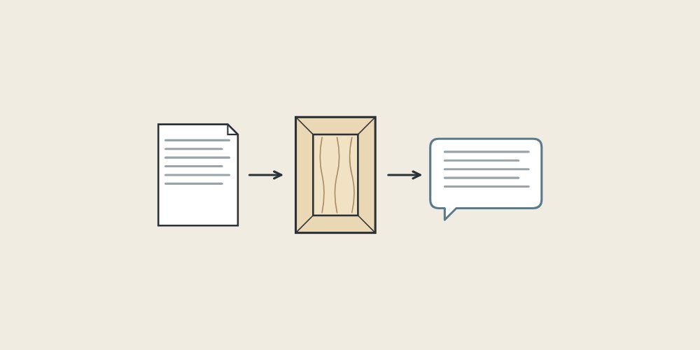 Illustration of a document, an unfinished cabinet door and a message bubble linked by arrows